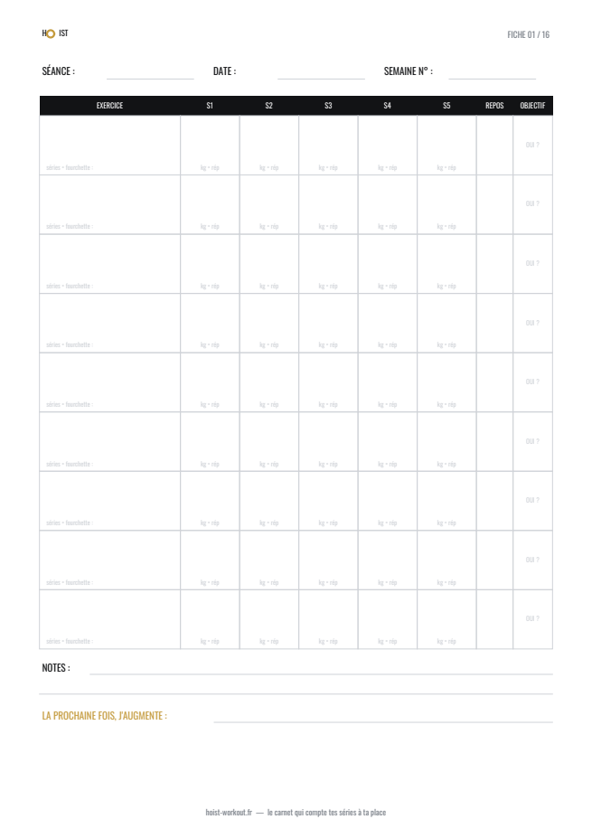 Aperçu d'une fiche de séance du carnet de musculation PDF