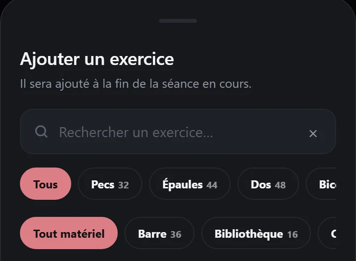 La recherche d'exercices de Hoist avec les filtres par muscle et par matériel