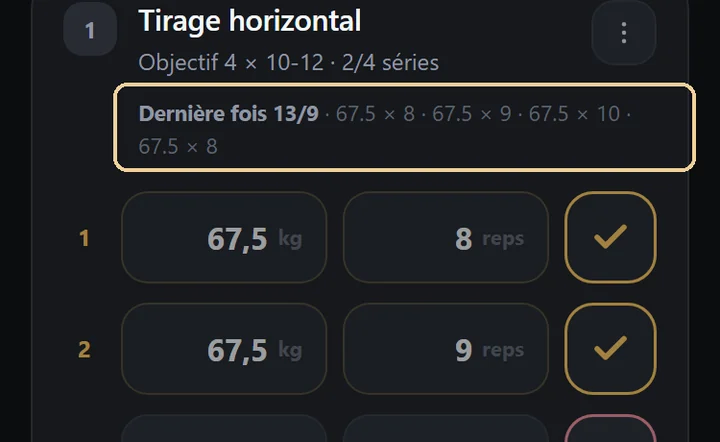 Écran de l'application Hoist montrant, au-dessus des séries du jour, la ligne « Dernière fois » avec les charges et les répétitions de la séance précédente.