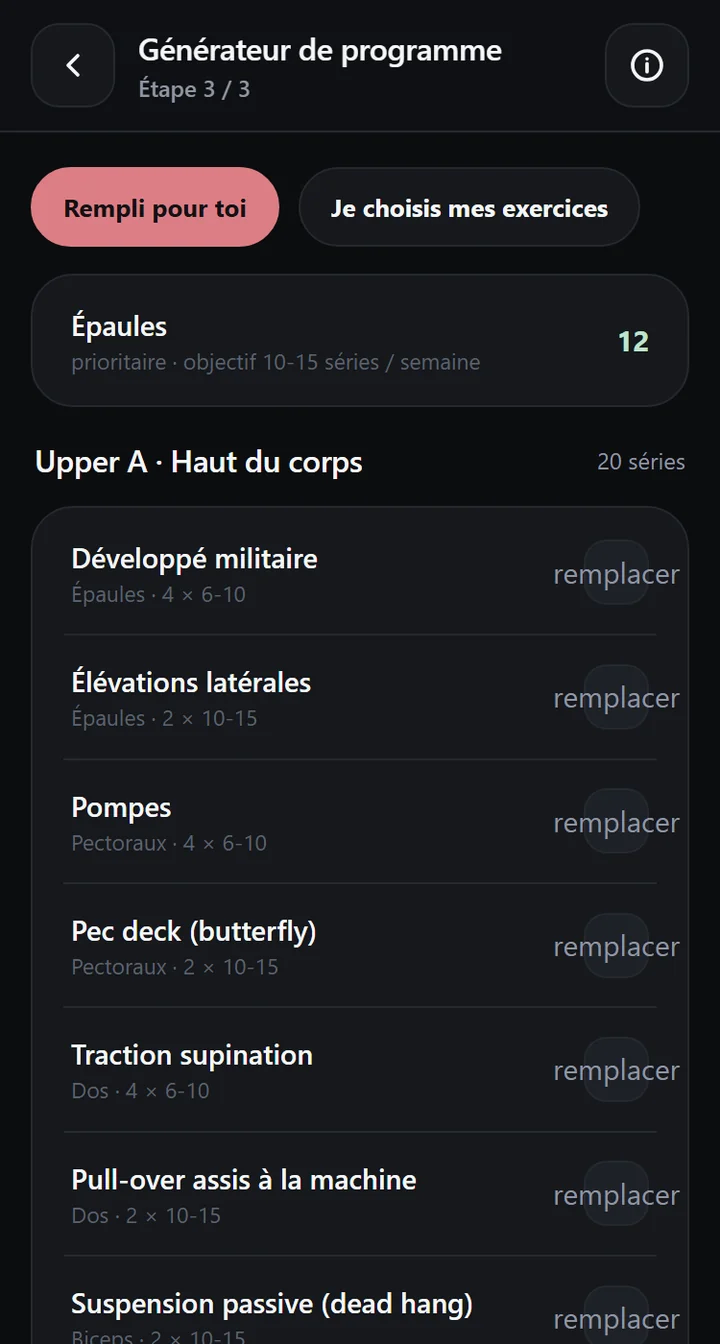 Le générateur de programme de Hoist avec un programme proposé, exercice par exercice