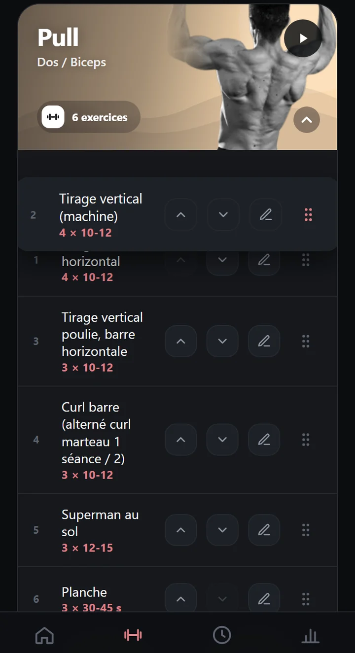 La liste d'une séance dans Hoist, avec un exercice déplacé par glisser-déposer