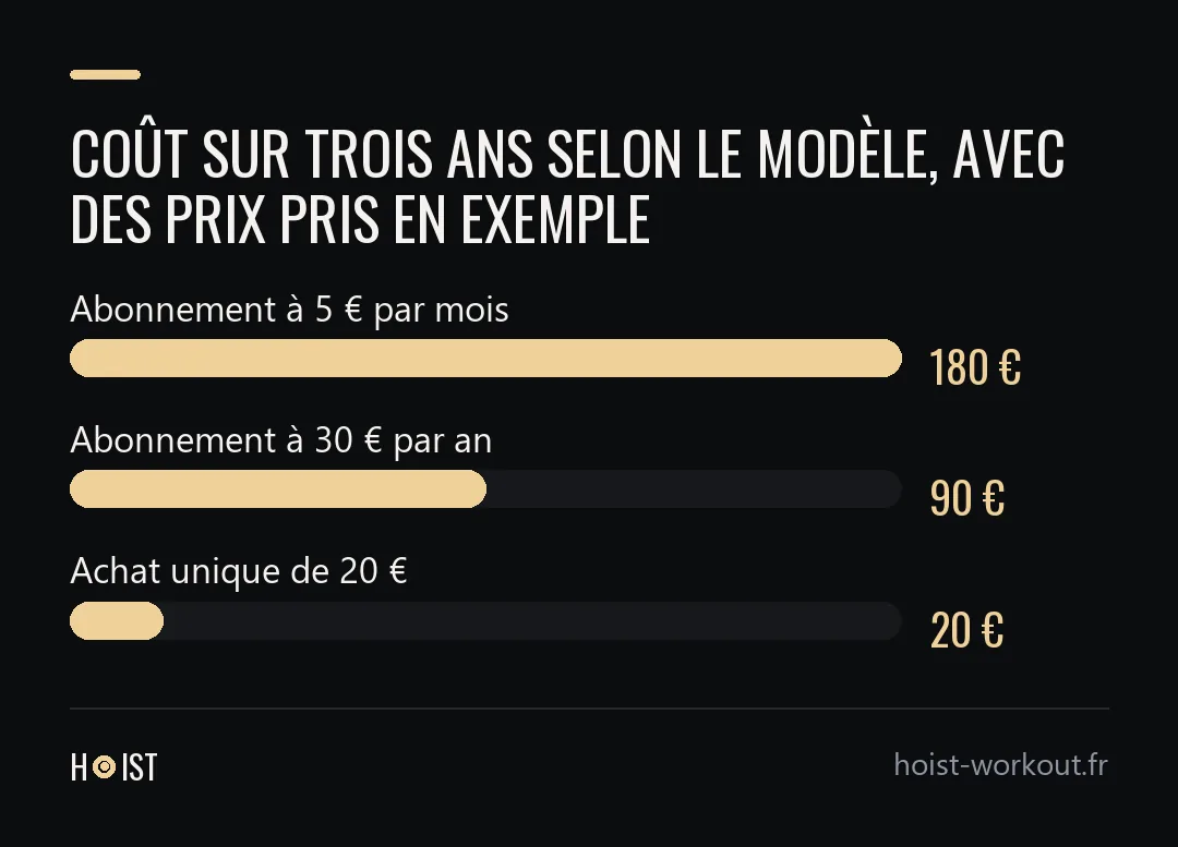 Graphique en barres du coût sur trois ans selon le modèle, avec des prix pris en exemple : 180 € pour un abonnement à 5 € par mois, 90 € pour un abonnement à 30 € par an, 20 € pour un achat unique de 20 €.