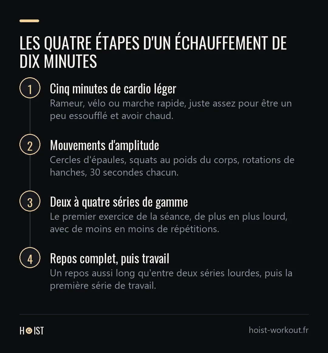 Frise en quatre étapes : cinq minutes de cardio léger, quelques mouvements d'amplitude, deux à quatre séries de montée en gamme, puis un repos complet avant la première série de travail.