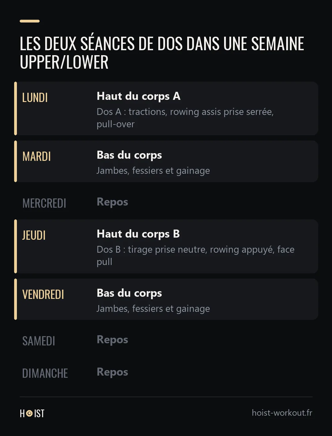 Calendrier d'une semaine avec la séance du haut du corps A et le bloc Dos A le lundi, le bas du corps le mardi et le vendredi, la séance du haut du corps B et le bloc Dos B le jeudi, et du repos le mercredi, le samedi et le dimanche.