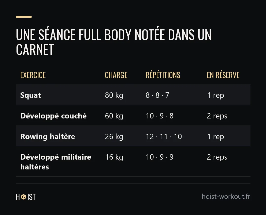 Tableau d'une séance full body notée en quatre colonnes (exercice, charge, répétitions par série, répétitions en réserve) pour le squat, le développé couché, le rowing haltère et le développé militaire aux haltères.
