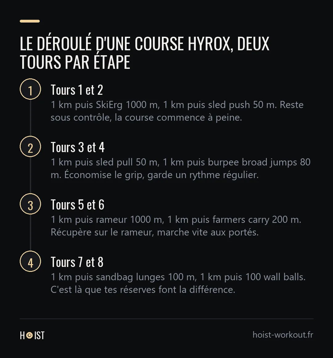 Schéma du déroulé d'une course Hyrox en quatre étapes, chacune regroupant deux tours de 1 km de course suivis d'une station.