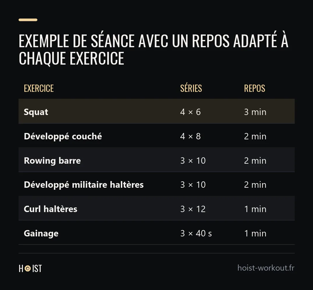 Tableau d'une séance de six exercices avec le nombre de séries et le repos de chacun : squat 4 séries de 6 avec 3 minutes, développé couché 4 séries de 8 avec 2 minutes, rowing barre et développé militaire 3 séries de 10 avec 2 minutes, curl et gainage avec 1 minute.