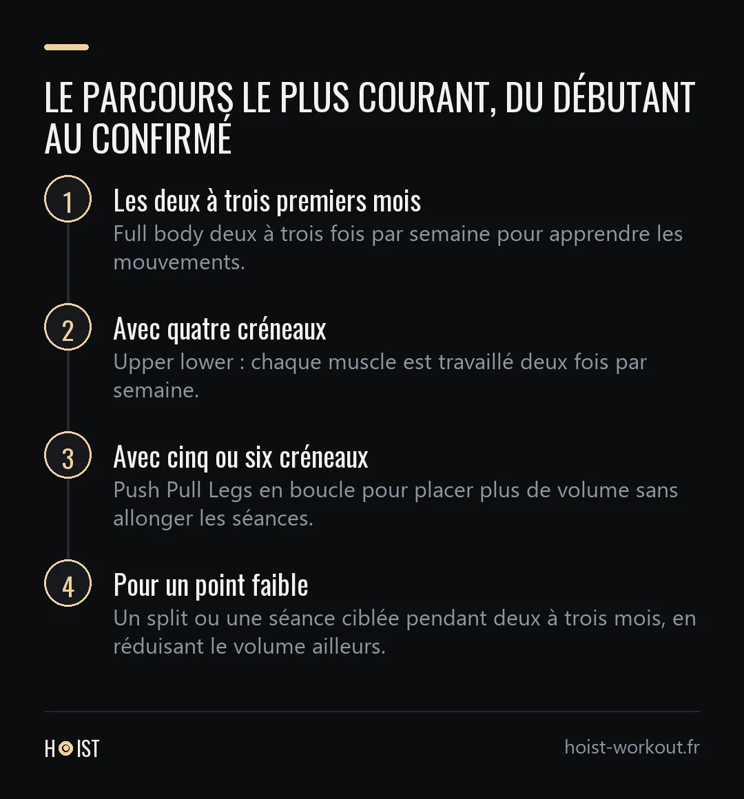 Frise en quatre étapes : full body les premiers mois, upper lower avec quatre créneaux, Push Pull Legs avec cinq ou six créneaux, puis split ou séance ciblée pour un point faible.